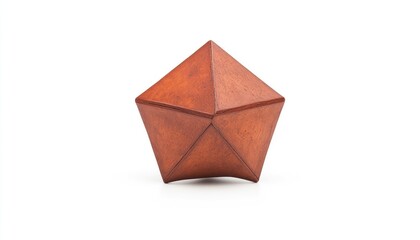 A unique five-sided geometric sculpture made of warm-colored material, set against a plain background
