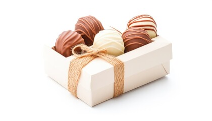 Assorted gourmet chocolate truffles elegantly presented in a heart-shaped box with a rustic twine bow