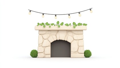 A charming stone fireplace adorned with greenery and string lights, set against a simple white backdrop