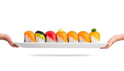 Two hands presenting a platter of colorful sushi rolls against a clean white background, emphasizing culinary art