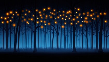 Enchanted forest at twilight with glowing lights among trees, creating a magical atmosphere in nature