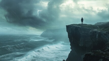 Solitary Figure on Clifftop Amidst a Tempestuous Sea