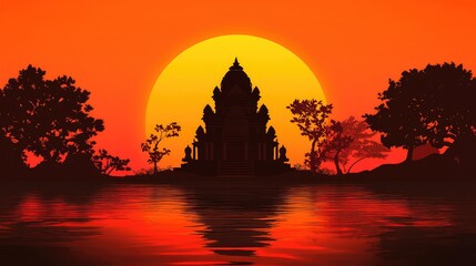 A glowing Hindu temple silhouette against the vibrant orange hues of a setting sun, creating a dramatic and spiritual ambiance