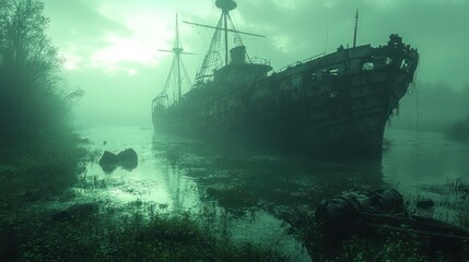Fototapeta premium Eerie, fog-shrouded shipwreck rests in murky water, overgrown with vegetation.