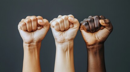 Three fists raised in unity, diverse skin tones. Powerful image symbolizing strength, equality, and protest.