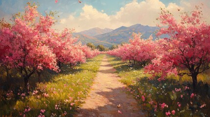 Fototapeta premium Sunlit path through a blossoming pink orchard leading to distant mountains.