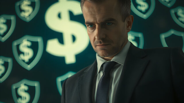 Close-up of a businessman with a briefcase, glowing dollar signs and security shields in the background, cinematic studio lighting, 8K
