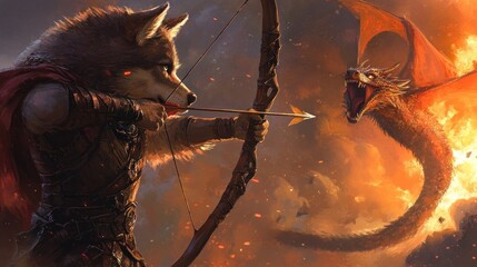 Fototapeta premium Anthropomorphic Wolf Archer vs. Dragon