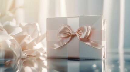 A photorealistic image of a square white rigid gift box with a satin bow and glossy finish

