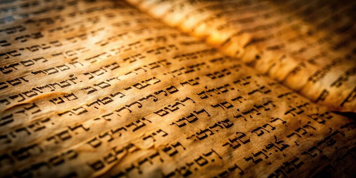 A deep-focus image reveals ancient Hebrew text from a Torah scroll, representing Jewish law, heritage, Talmud study, and profound spirituality.