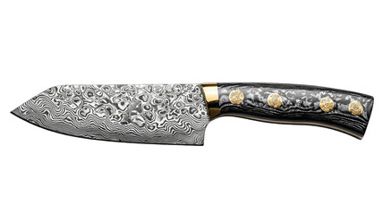 Damascus steel knife with dark handle on black, kitchen cutlery © mlangsen