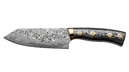 Damascus steel knife with dark handle on black, kitchen cutlery