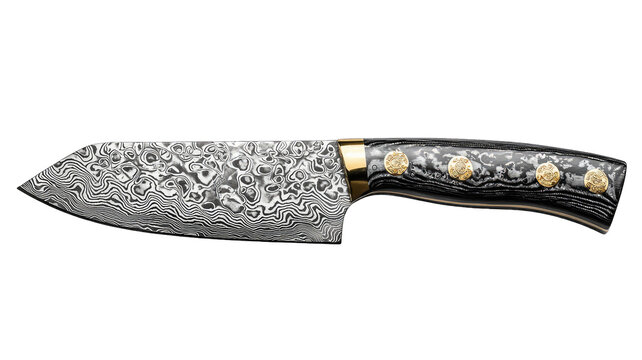 Damascus steel knife with dark handle on black, kitchen cutlery