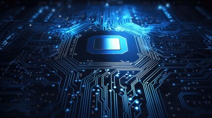 A close-up view of a circuit board with glowing elements, showcasing technology and design.