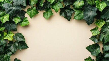 Fototapeta premium Lush Green Ivy Leaves Frame Beige Background