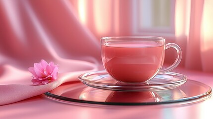 Pink tea, morning sunlight, window, silk drape