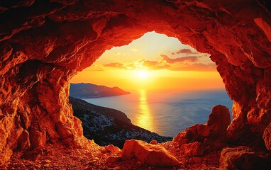 Sunset view from a cave opening.