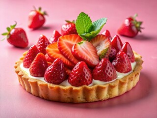 A delectable strawberry tart, photographed against a pink background. Fresh berries and cream entice.