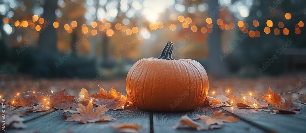 Poster vibrant orange pumpkin surrounded by autumn leaves and soft bokeh lights, creating a warm and inviti