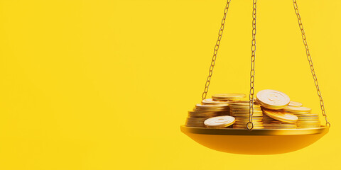 3D illustration of part of a golden scale with coins
