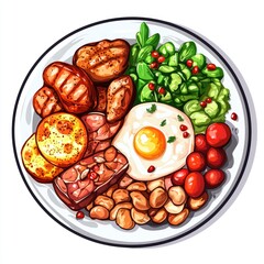 Delicious grilled meat, egg, and vegetable breakfast plate