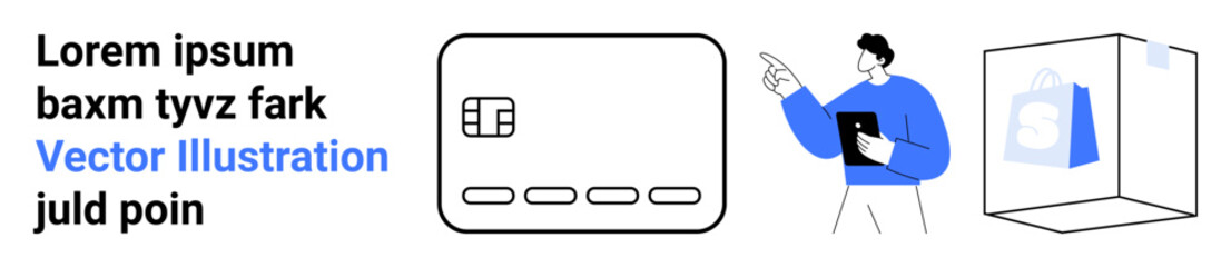 Man holding a laptop and pointing towards a credit card and shopping bag icon. Ideal for e-commerce, online shopping, payment processing, digital marketing, financial services, product presentation