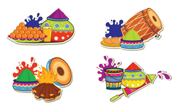 Holi Festival Sticker Collection On white Background. Pichkari, colors, gulaal