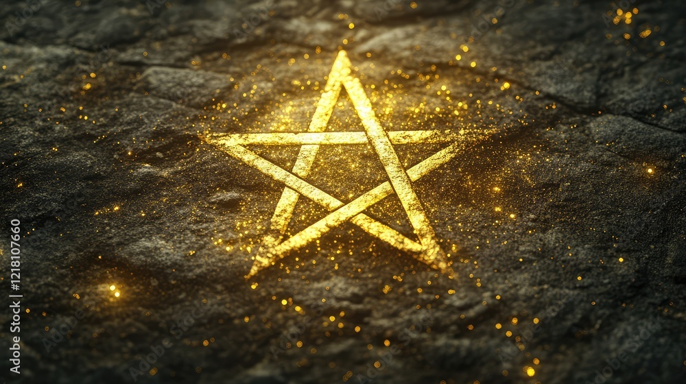Poster a mystical pentagram glowing faintly on a stone-textured background with soft golden particles aroun