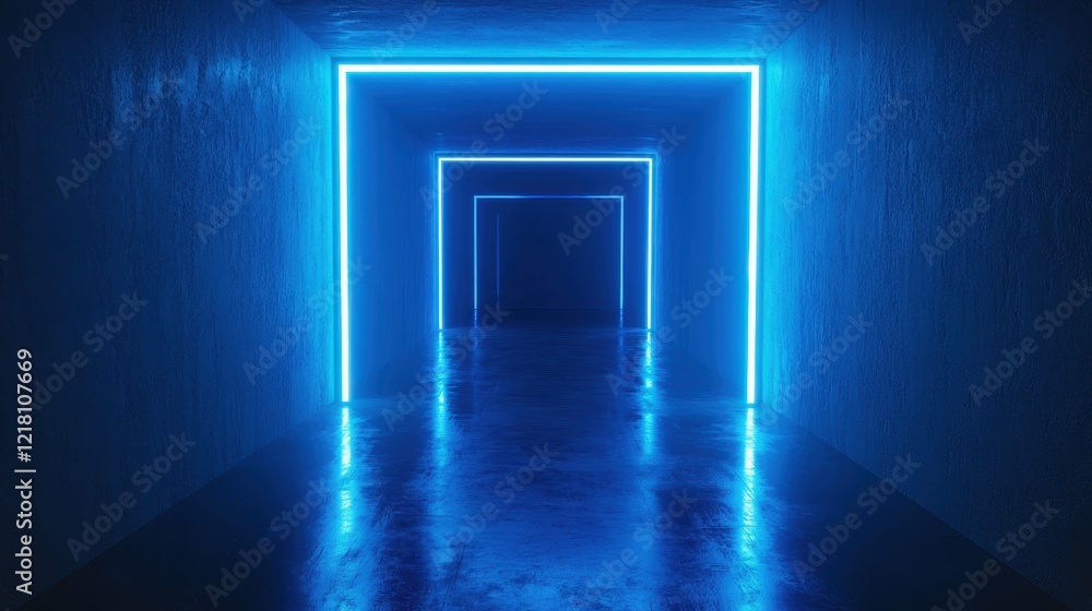 Poster bright blue neon triangle illuminated against a dark background creates a striking visual effect in 