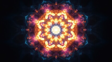 A mystical mandala design glowing softly with vibrant colors against a dark background, radiating harmony and healing energy