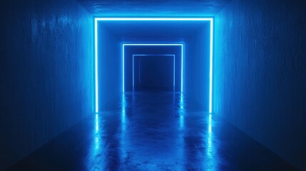 Fototapeta premium Bright blue neon triangle illuminated against a dark background creates a striking visual effect in a modern space