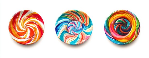 Three vibrant swirl lollipops, red, blue, and rainbow colors, isolated on white.
