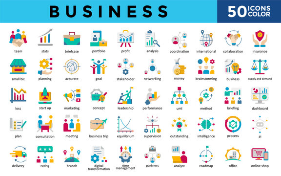 Business icons set with team, stats, briefcase, portfolio, profit, analysis, coordination, international, collaboration, insurance icon. Simple color vector 
