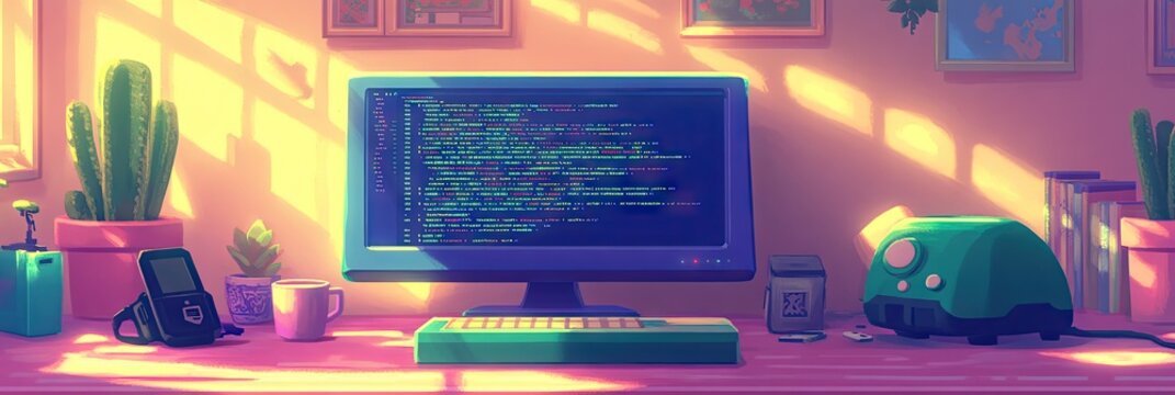 Sunny room, coder's desk, code on screen, plants, background, stock photo