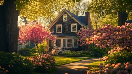 Springtime Dream Home: A Picturesque Suburban Residence Bathed in Golden Sunlight