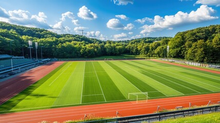 A panoramic shot of a large sports complex with well-maintained football fields, running tracks, and empty seating areas in the background