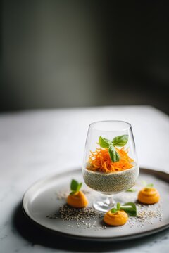 Layered Easter treat featuring chia seeds pudding with carrot mousse and egg candies. Garnished with fresh mint, carrot rounds, and neutral hues, this dessert is perfect for celebrating spring