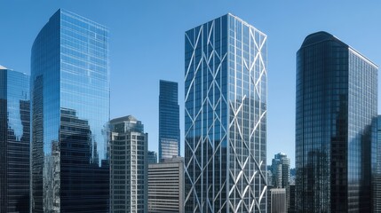 Fototapeta premium A panoramic skyline featuring multiple modern commercial buildings with unique designs and glossy exteriors