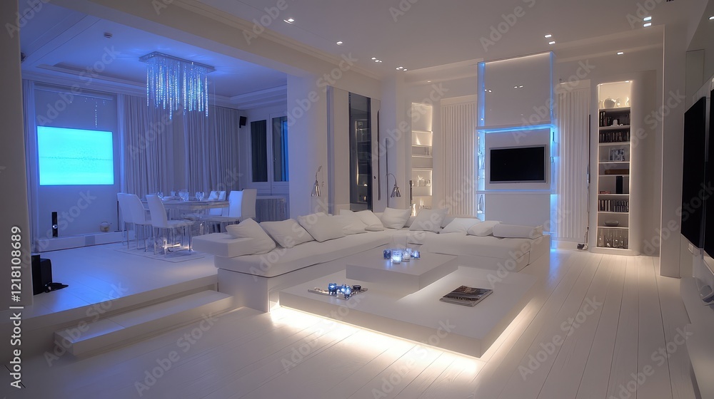 Poster a peaceful and minimalistic living room with clean lines, soft lighting, and open spaces for arrangi