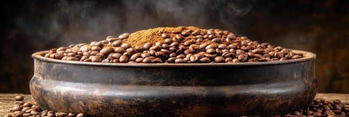 Steaming freshly roasted coffee beans and grounds in rustic bowl.