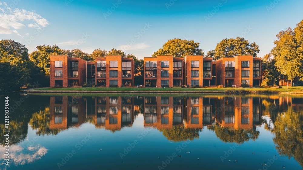 Poster a peaceful view of a lakeside dormitory with modern architecture and expansive windows reflecting th