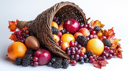 Autumn harvest cornucopia overflowing with fruit. Food photography for Thanksgiving
