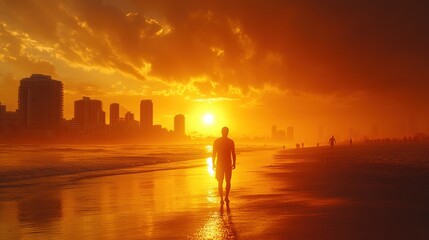 Sunset Beach Walk Man silhouetted, city skyline, ocean, travel