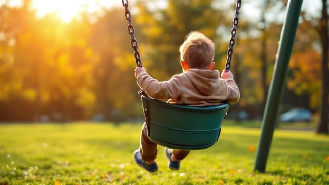 little boy plays swing in the park, rear view