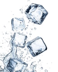 Obraz premium Floating Ice Cubes with Splashes of Water on White Background, Fresh and Cool Concept