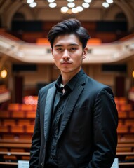 Fototapeta premium Asian young male musician orchestra hall background portrait with copy space