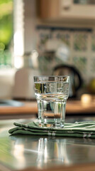Refreshing Glass of Water on Green Napkin in a Softly Blurred Kitchen Setting