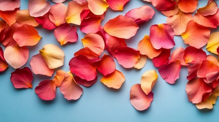 Obraz premium Delicate rose petals scattered on a blue background
