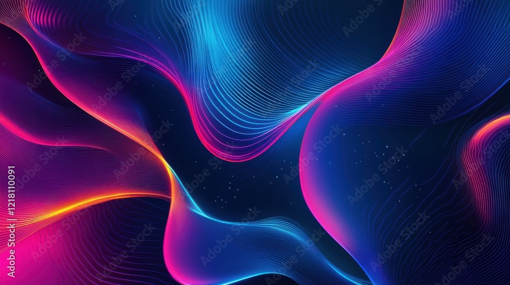 Poster swirling blue waves with shimmering particles create a mesmerizing visual display in a dark backgrou