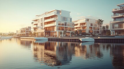 Obraz premium A serene shot of a contemporary waterfront building with expansive glass facades and minimalist landscaping reflecting on still water